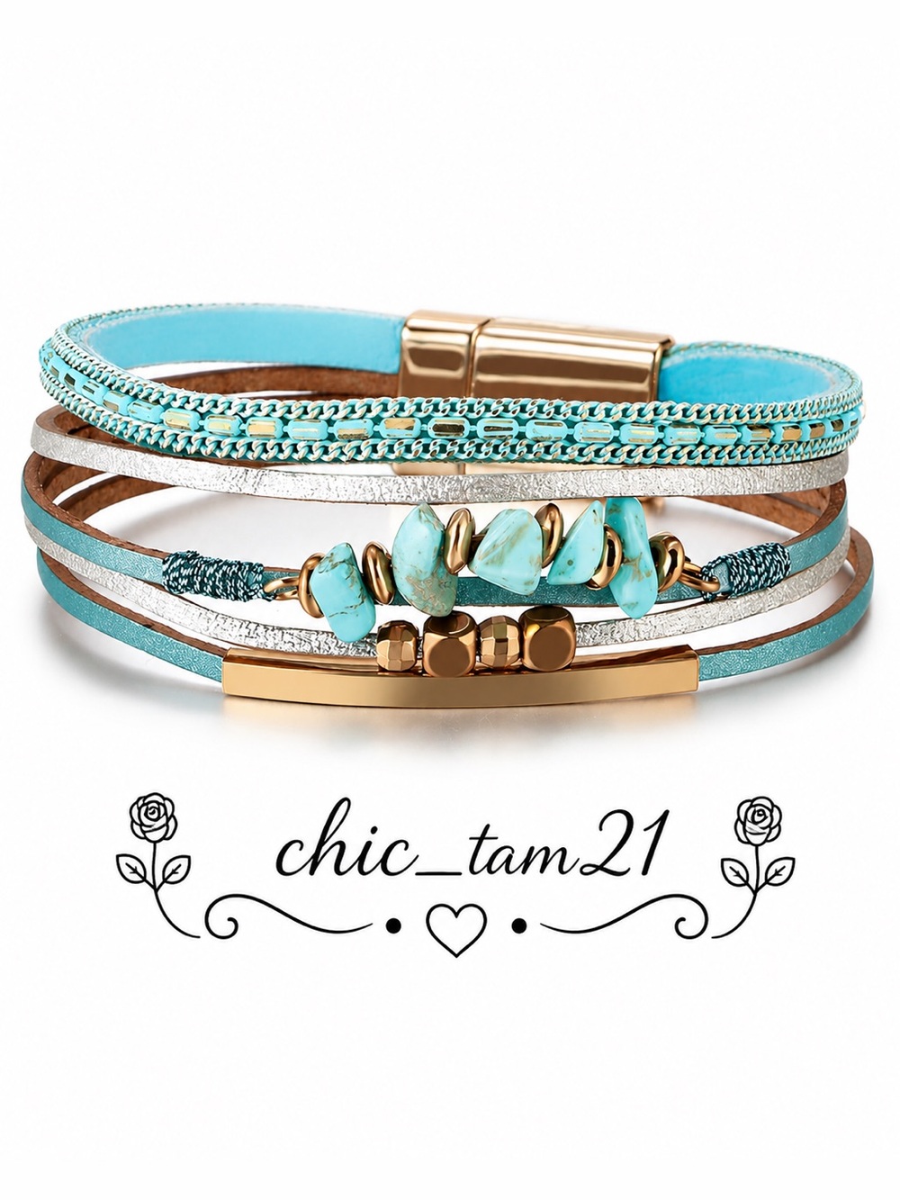 Chic_tam21 Turquoise Multi-Strand Wrap Bracelet with Gold Accents